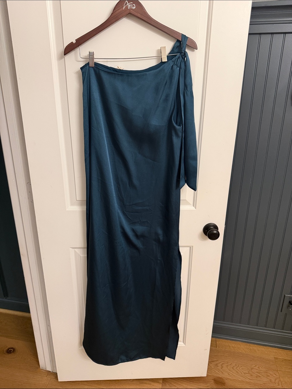 Tyche Teal One-Shoulder Satin Maxi Skirt